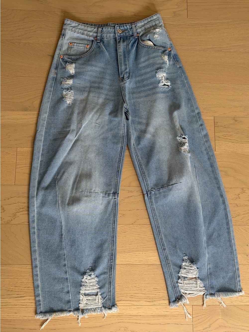 NWOT Amazon Light Blue Distressed Barrel Jeans